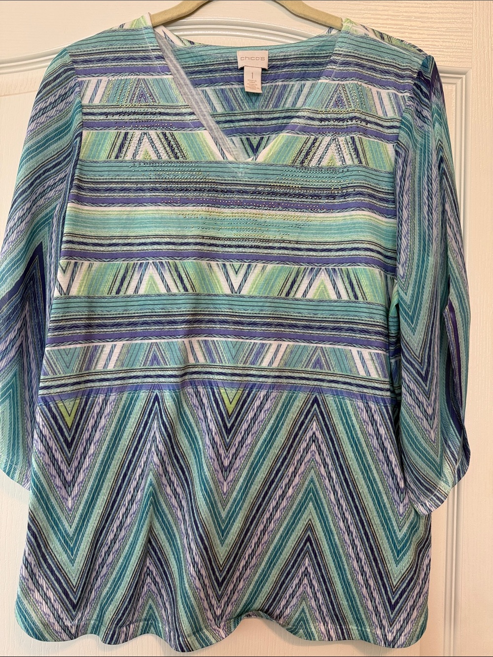 Chico's Green & Lavender Striped Embellished V-Neck Tunic